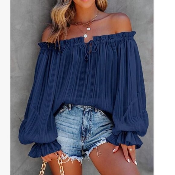 Striped Off Shoulder Spring Boho Tops Loose Fit Casual Long Sleeve Ruffle - Picture 1 of 8